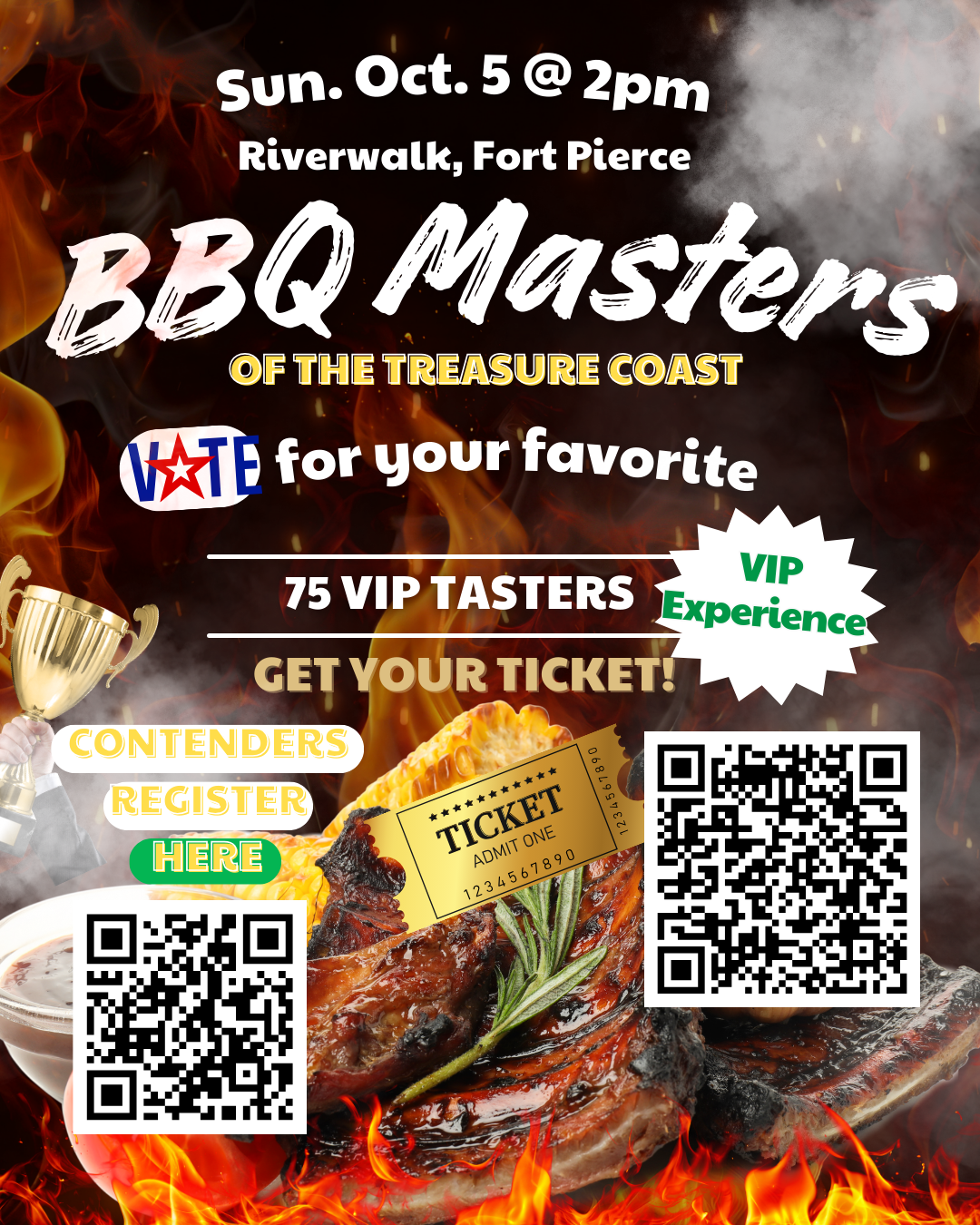 A poster for a BBQ event titled 'BBQ Masters of the Treasure Coast' happening on Sunday, October 5th at 2 pm at Riverwalk, Fort Pierce. The poster features flames, a trophy, a piece of grilled meat with herbs, a ticket, and QR codes. It highlights VI