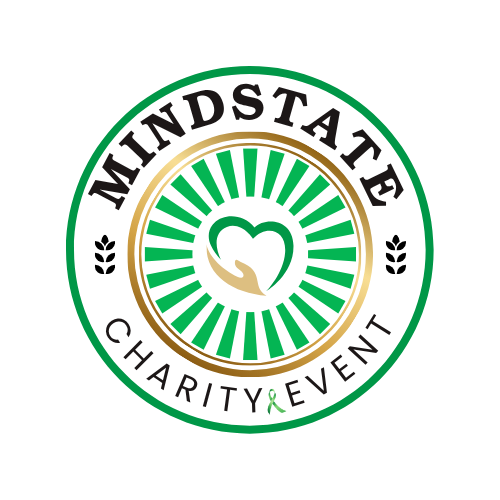 Circular logo for Mindstate charity event with a heart and hand symbol in the center, green and gold accents, and text 'Mindstate Charity Event'.