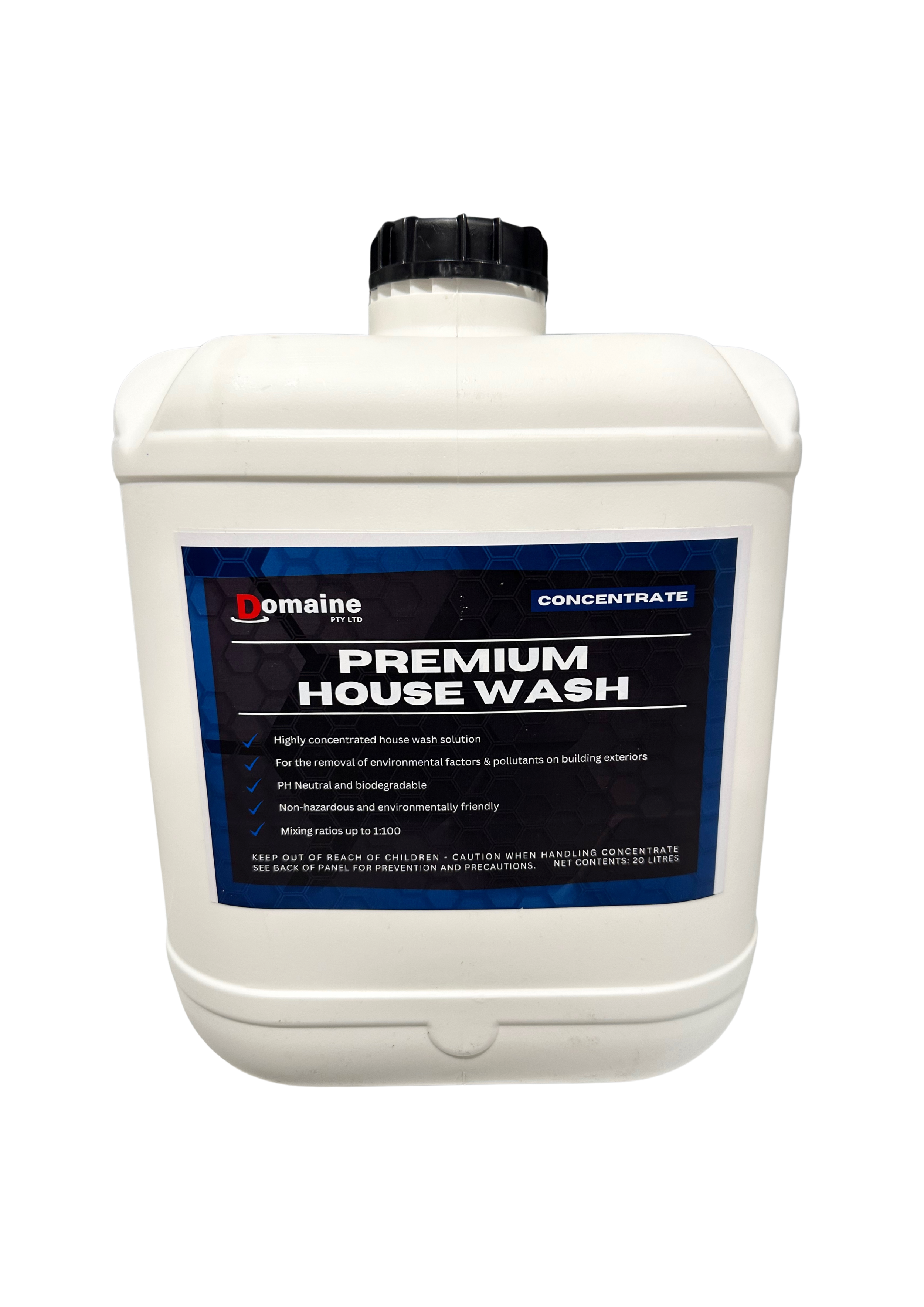 Concentrated premium house wash chemical for pressure washing, soft washing and other forms of exterior cleaning.