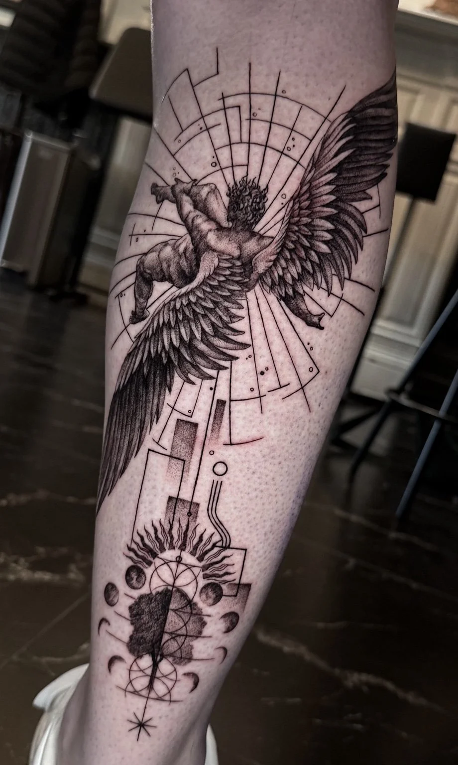 Fine line winged angel and geometric forearm tattoo by Alina Horobets, Bournemouth