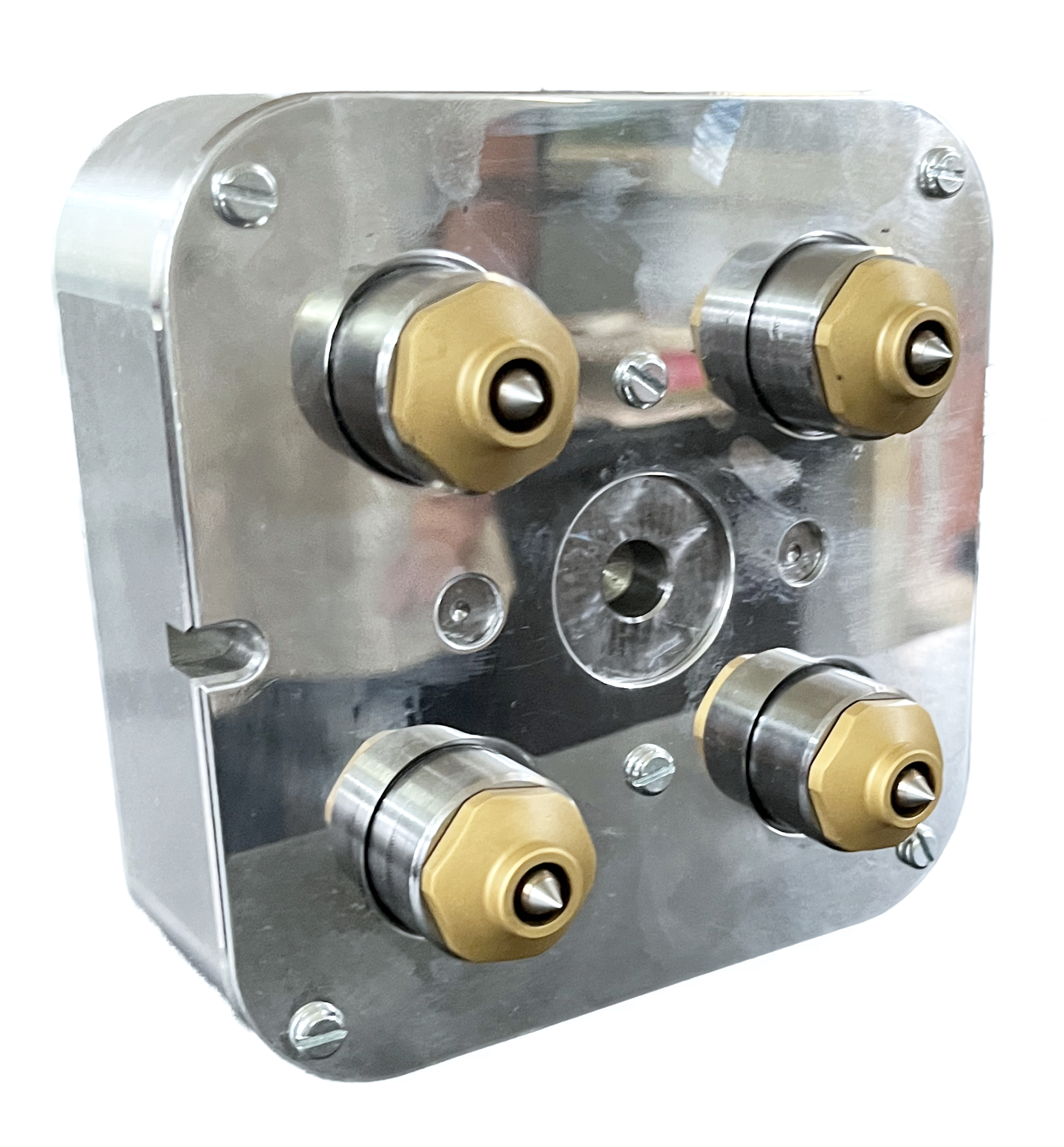 Metal device with four large gold and black connectors evenly spaced on a silver rectangular base.