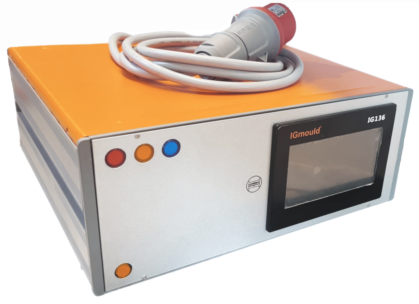 A medical device with a silver front panel, three colored buttons (red, orange, blue), a black display screen, and an orange top surface. A coiled power cable is resting on top of the device.