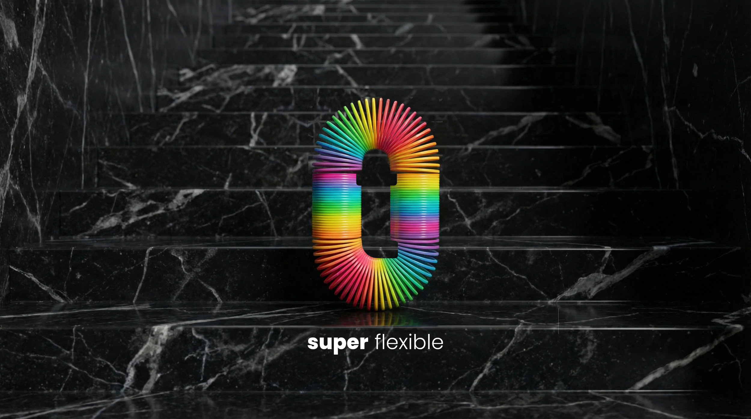 Neon sign of a pill with pink coils and a black lowercase 't' in the center, on an indoor staircase with black walls and city lights visible outside.