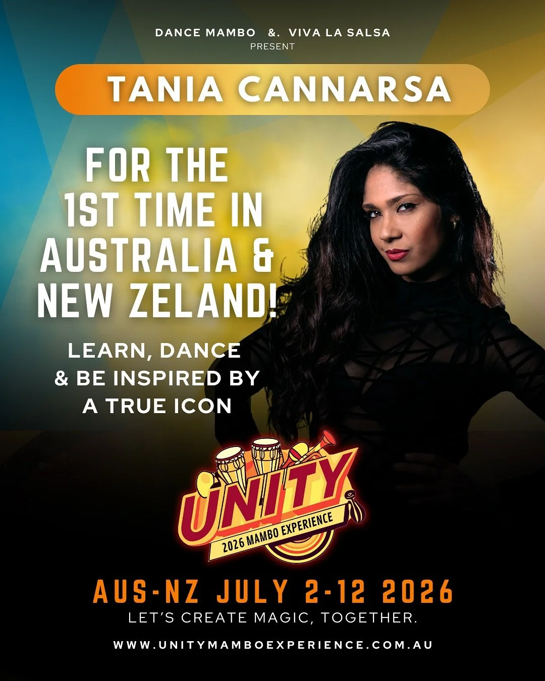 🌟 History in the making! 🌟
For the first time ever, the legendary Tania Cannarsa is coming to Australia & New Zealand — exclusively with Unity Mambo Experience 2026! 💃🔥
📅 July 2–12, 2026
Ten days of pure mambo energy, connection