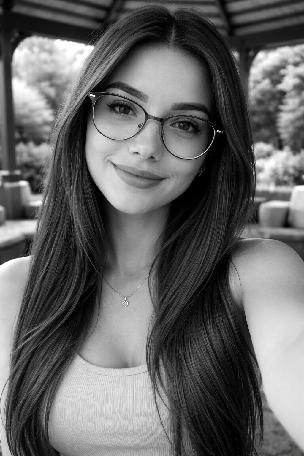 A young woman with long dark hair wearing glasses and a necklace, taking a selfie outdoors on a sunny day.