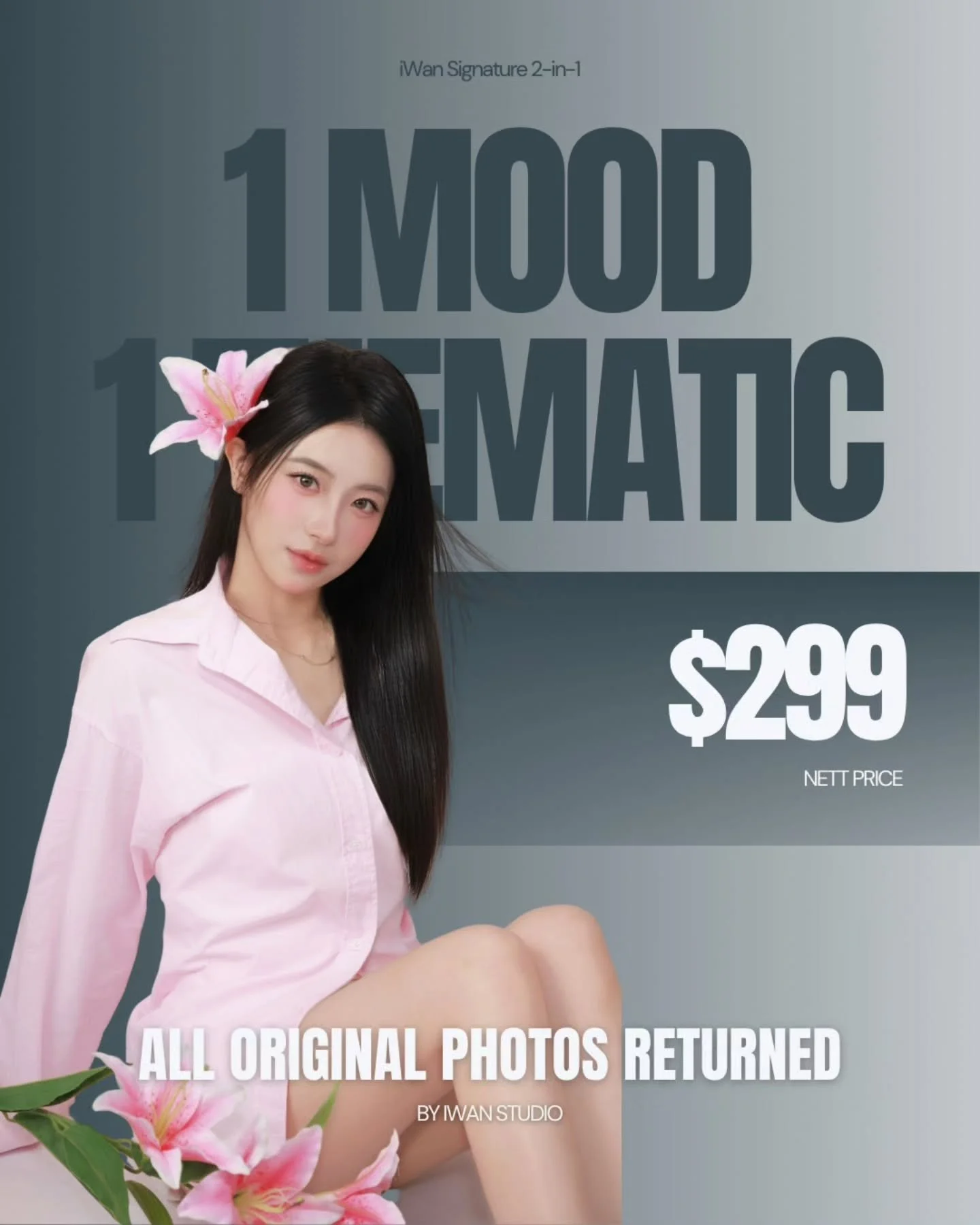 At iWan Studio, we do more than take photos.
We guide you through a complete image transformation journey &mdash; from professional makeup and hairstyling, to outfit styling, lighting direction, mood coaching, and guided posing tailored to you.

Ever