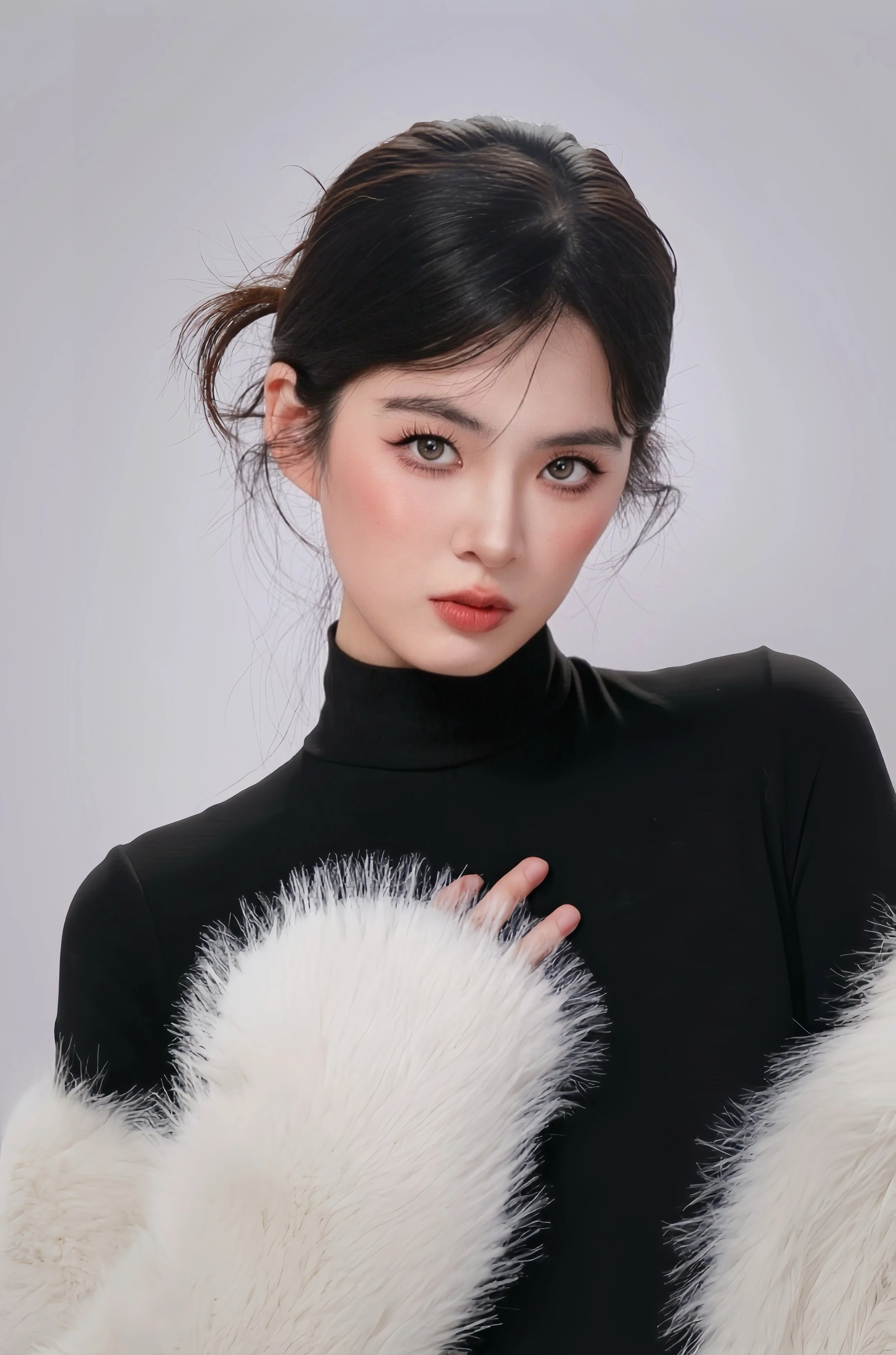 Close-up front facing portrait of a confident woman with glam makeup