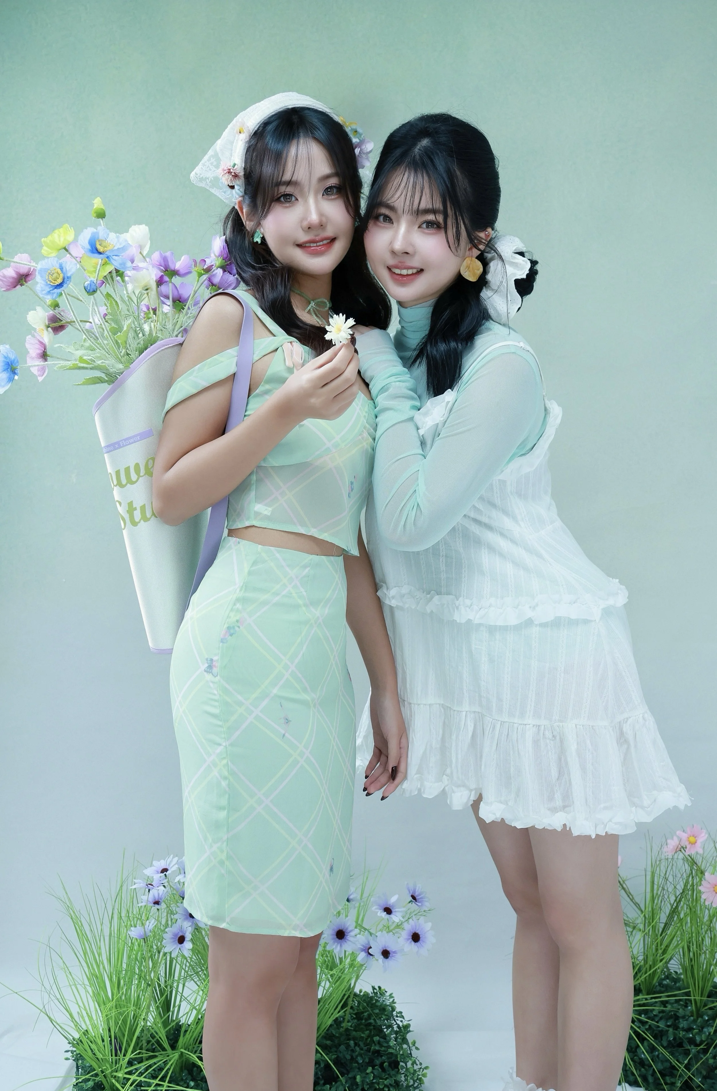 Floral soft spring theme photoshoot with two female friends