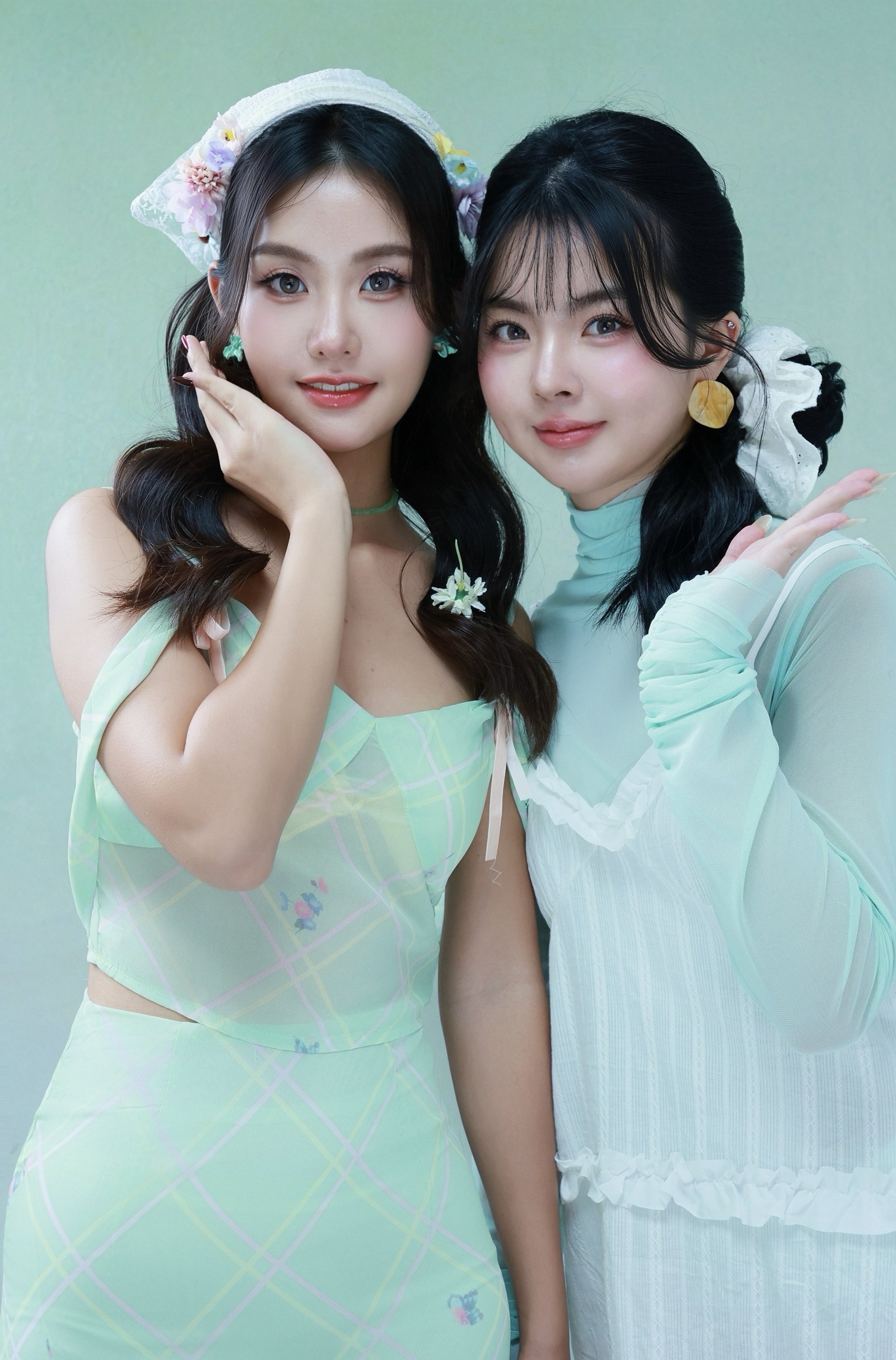 Mint green floral besties photoshoot with soft spring theme and studio backdrop