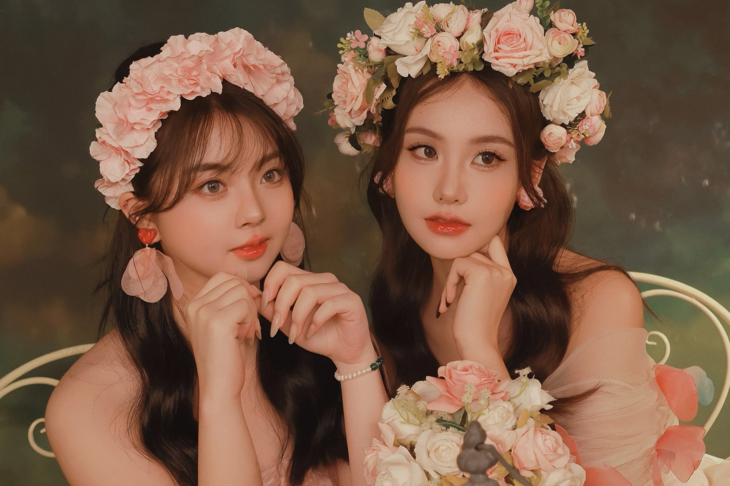 Close-up of two females in fantasy pink princess dresses posing in studio