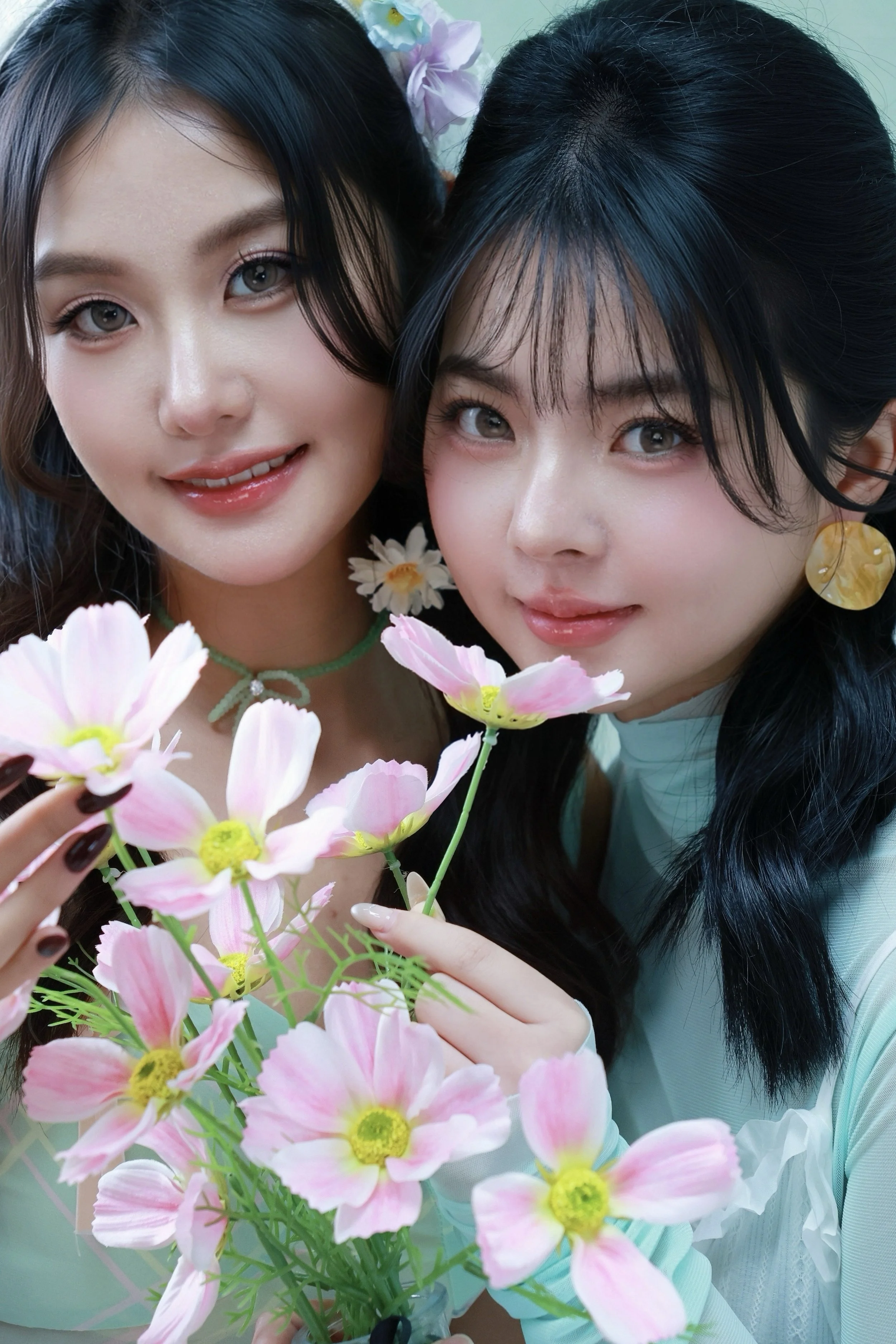 Close-up of two female friends with pink flowers adorning the front