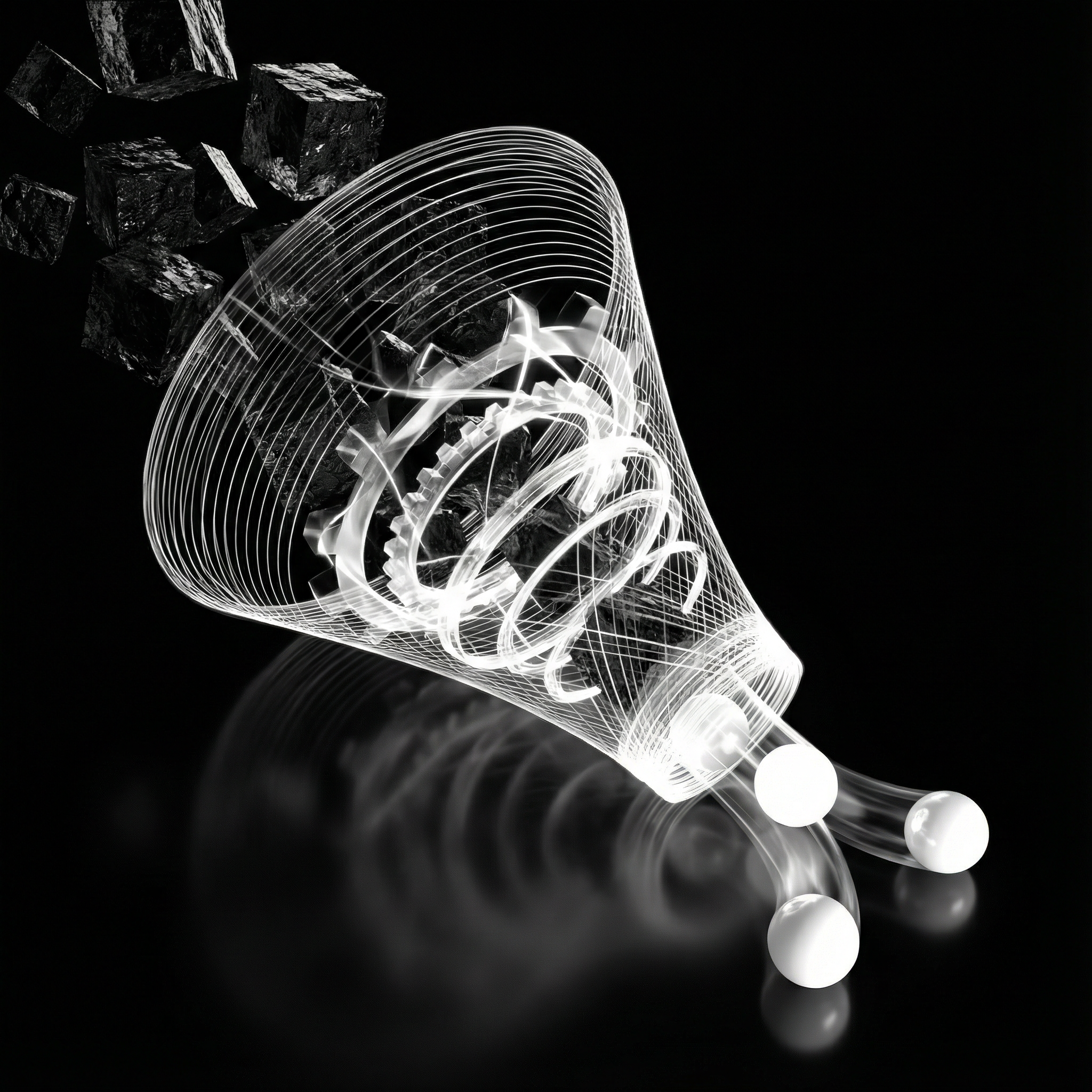 Ein transparentes Glas mit einer Spiralsteigung enthält schwarze Steine und ist auf einem schwarzen Hintergrund platziert, mit weißen Kugeln vor dem Glas.