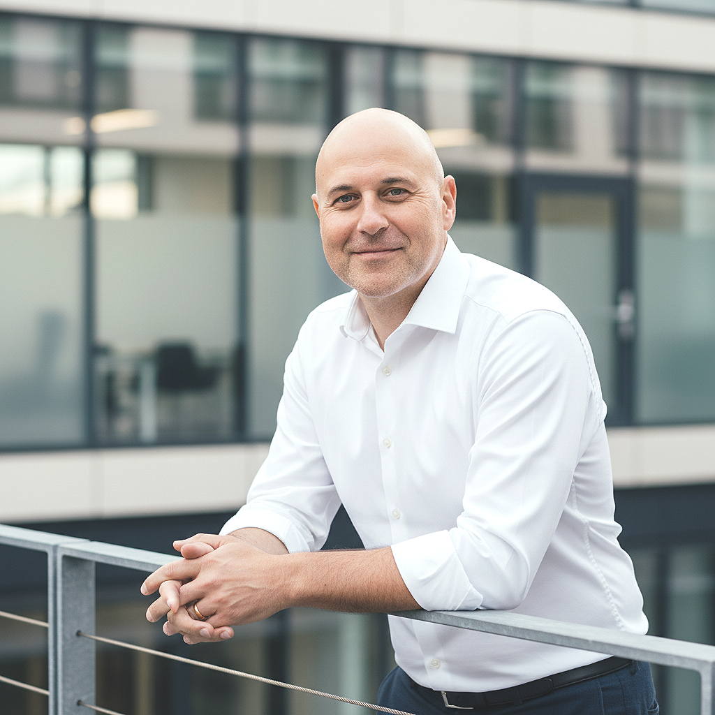 Daniel Doege, Gründer von AGENTICAL, in weißem Hemd auf einer Terrasse vor einem modernen Bürogebäude, blickt lächelnd in die Kamera.