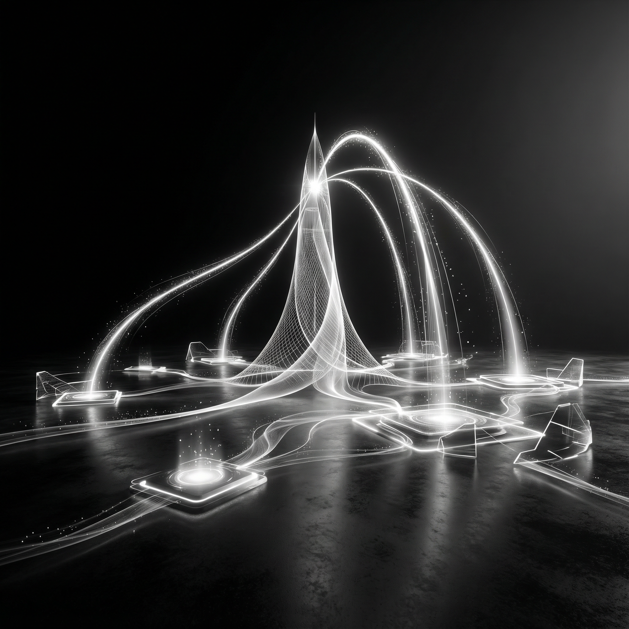 Futuristisches Lichtkunstwerk mit holographischen Lichteffekten auf einer dunklen Oberfläche, das an eine abstrakte Skulptur erinnert.