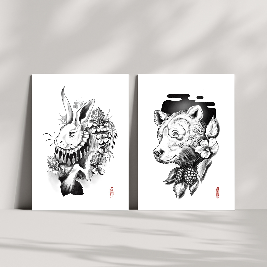 print digitalni tisk črna bela ilustracija zajec medved hare rabbit illustration bear 300 papir a4 format brez okvirja deteljica sreča darilo za rojstni dan