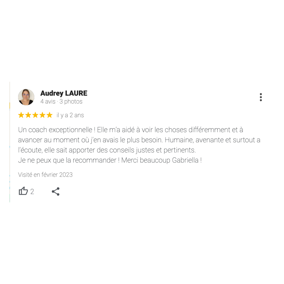 Avis Google positif d'un client, donnant cinq étoiles et louant un coach exceptionnel, mentionnant une expérience positive et reconnaissante, visitée en février 2023.