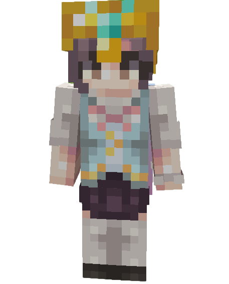 Pixelated Minecraft-style character wearing a crown and colorful outfit with a white and gray top, patterned skirt, and knee-high boots, standing in front of a green background.