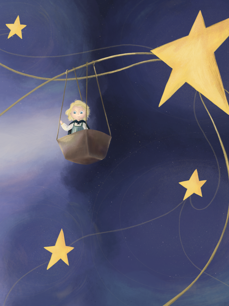 Illustration of a young boy in a basket swing floating among stars in a night sky.