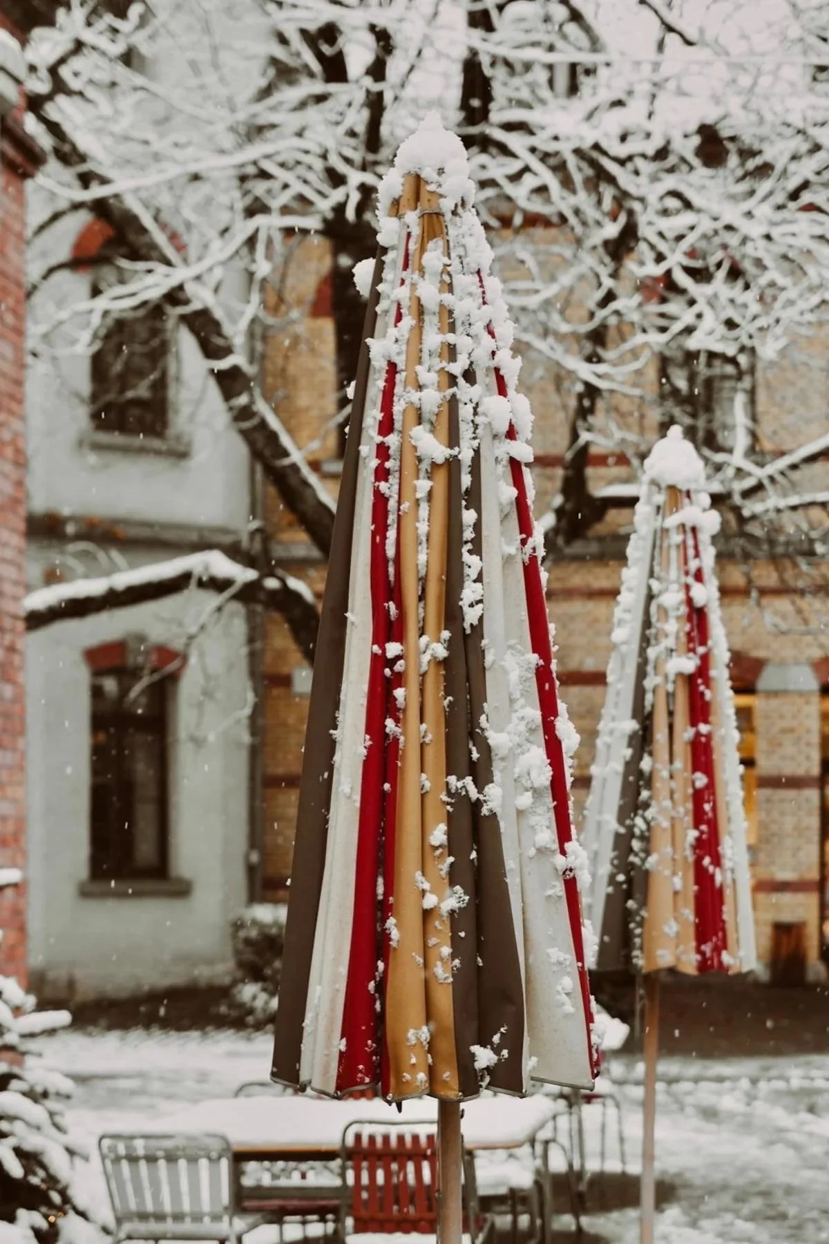 Snow-covered outdoor patio with closed umbrellas and chairs, surrounded by snow-dusted trees and buildings.