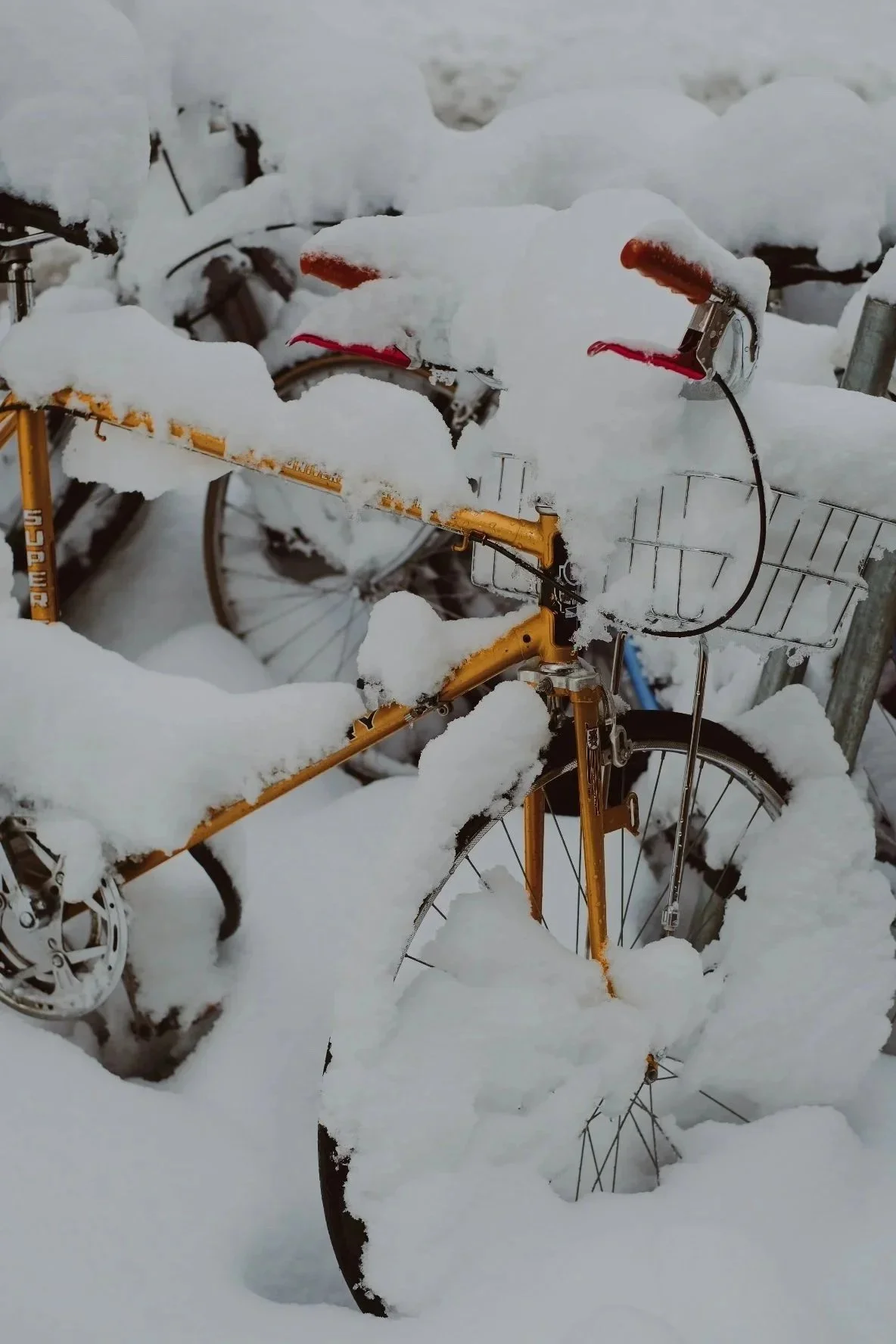 A yellow bicycle covered in snow, with snow on the handlebars, seat, and frame, parked next to a snow-covered fence.