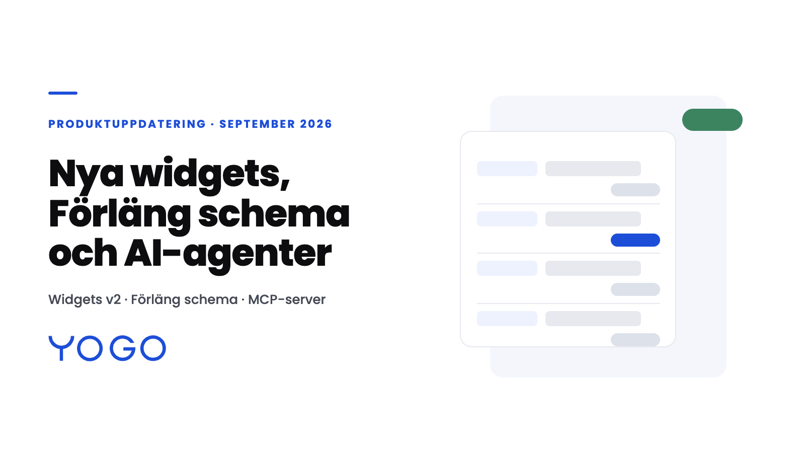 Nya widgets, Förläng schema och AI-agenter i YOGO
