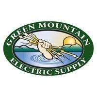 Green Mountain Electric Supply logo featuring a sunrise over water and mountains, with a pair of crossed electric wires.