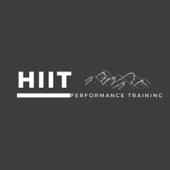 Logo for HIIT Performance Training with white text and mountain graphic on a dark background