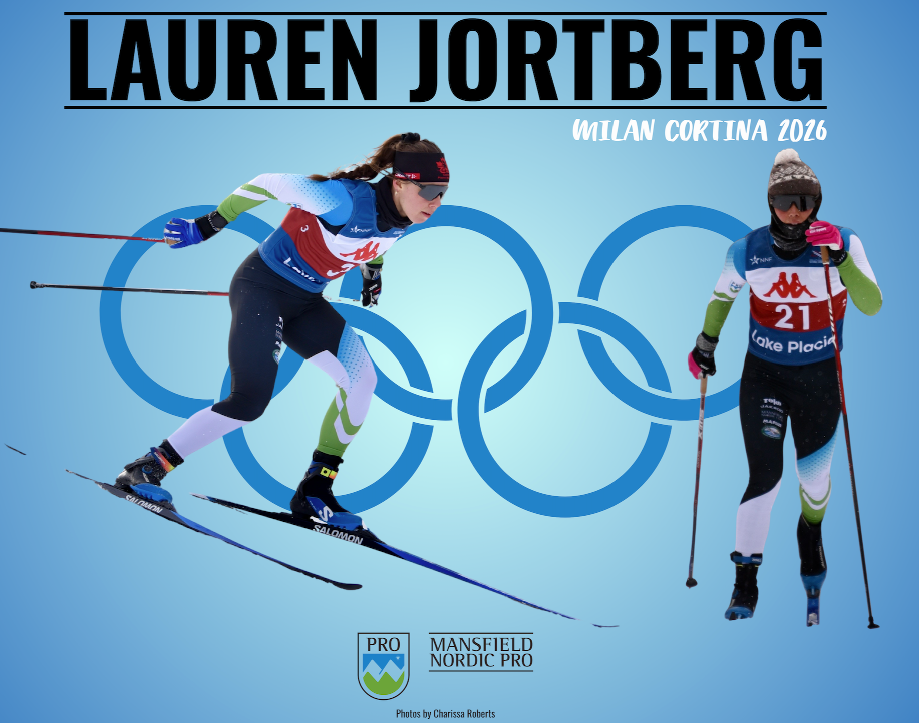 Two female cross-country skiers race during the 2026 Winter Olympics in Milan Cortina, with the Olympic rings in the background. One skier wears a blue, white, red, and green uniform with the number 3, and the other wears a similar uniform with the number 21, both wearing winter gear and sunglasses.