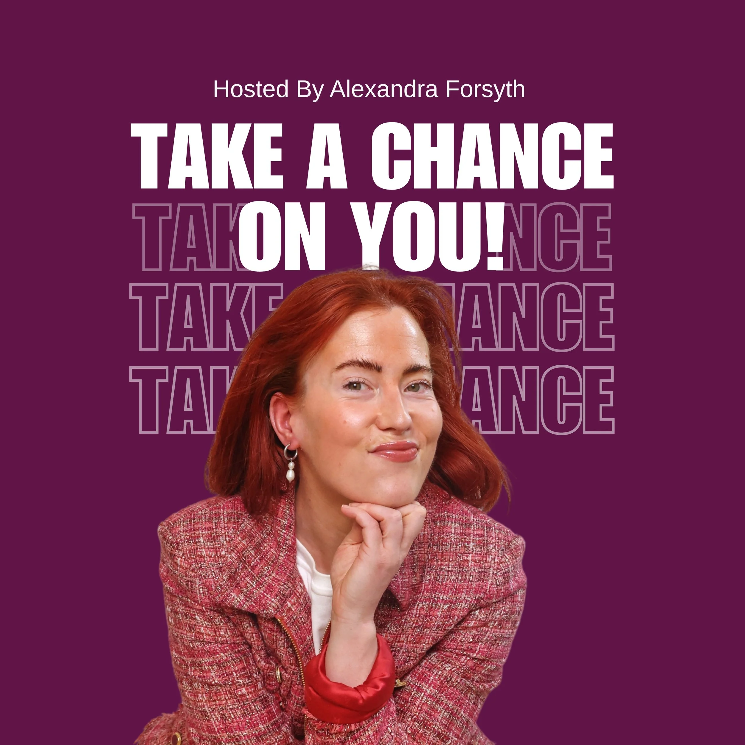 A woman with red hair wearing a pink plaid blazer, white blouse, and dangling pearl earrings, posing with her hand near her chin, against a purple background with repeated text 'Take a Chance' and 'Hosted by Alexandra Forsyth' at the top.