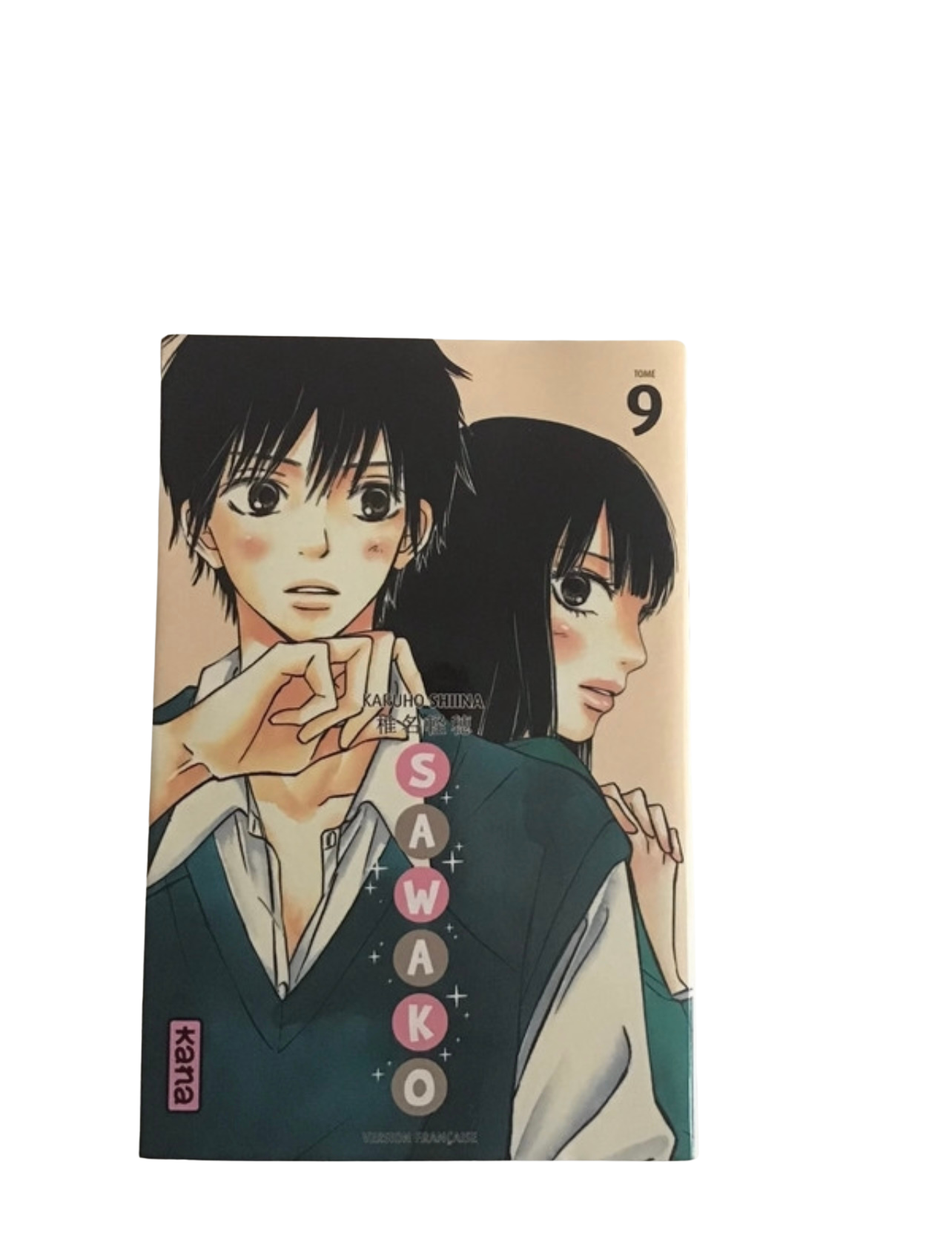 Couverture du tome 9 du manga 'Sawako' présentant un garçon aux cheveux noirs et une fille aux cheveux noirs en arrière-plan, tous deux en tenue scolaire, avec le titre en anglais 'SAWAKO' écrit verticalement.