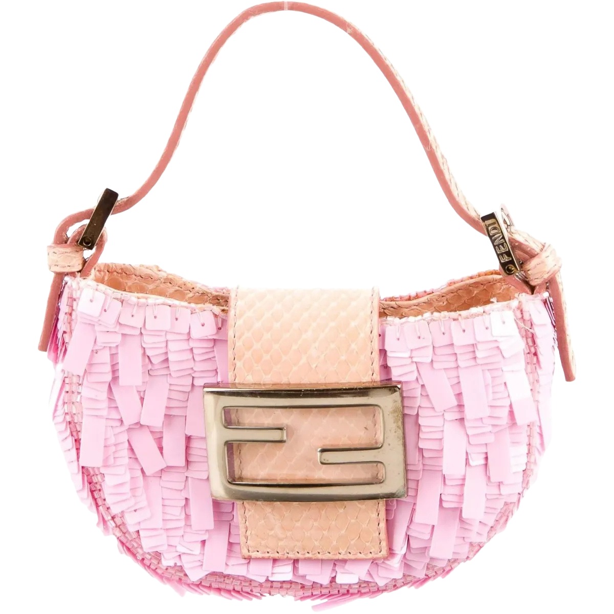 Sac à main rose avec matériel en tissu et une plaque métallique en forme de F