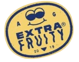 Logo de bonbons Extra Fruity avec une face souriante et des lunettes