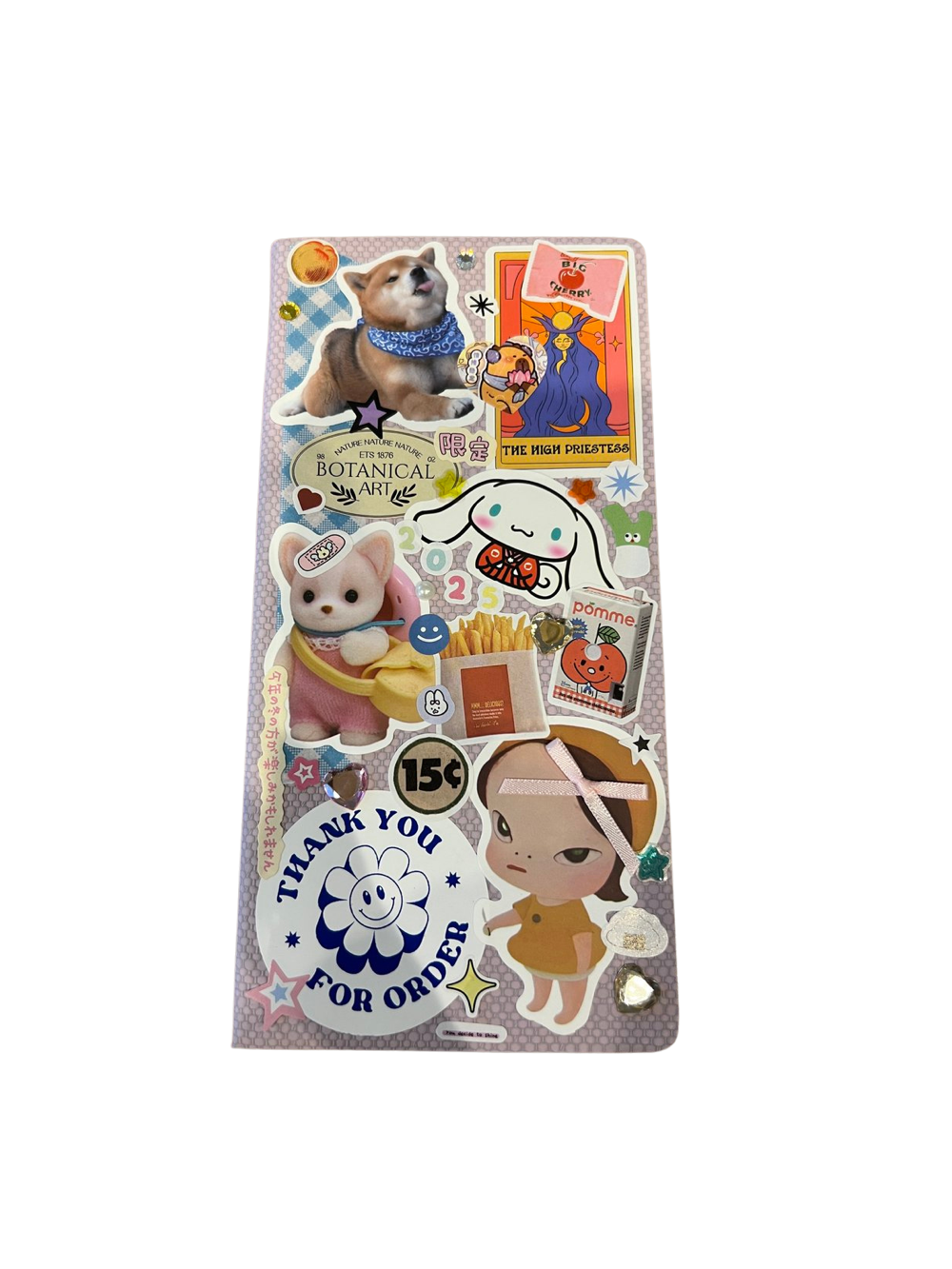 Un collage de stickers colorés et variés, incluant un chiot, un chaton, une carte de tarot, une mascotte de lapin, un sac de pommes, et un message de remerciement.