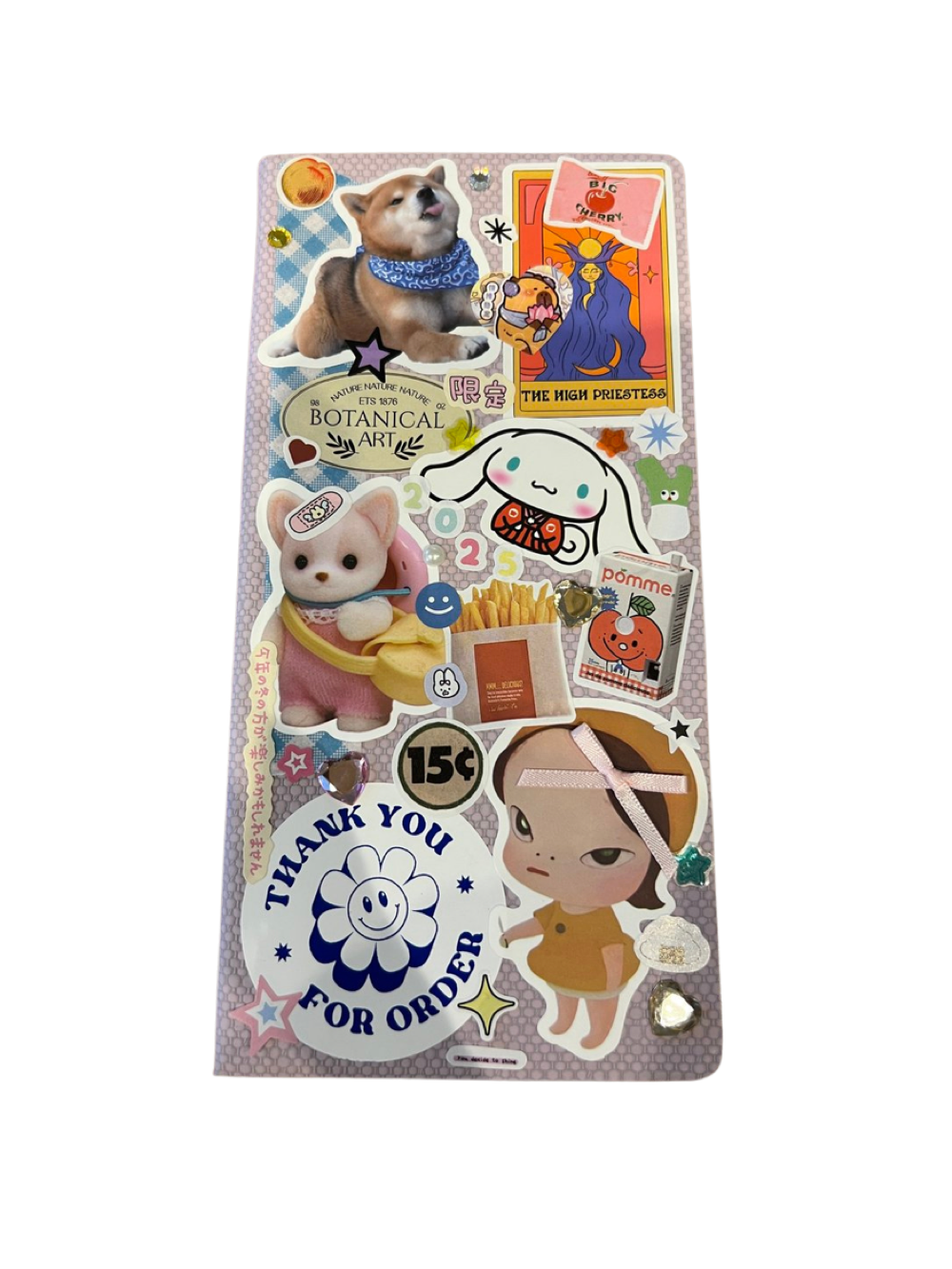 Feuille de stickers colorés avec des dessins, des animaux en peluche, des icônes et des textes en anglais et japonais.