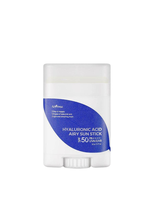 Bâton de soleil avec écran SPF 50 contenant de l'acide hyaluronique, boîte blanche avec une étiquette bleue.