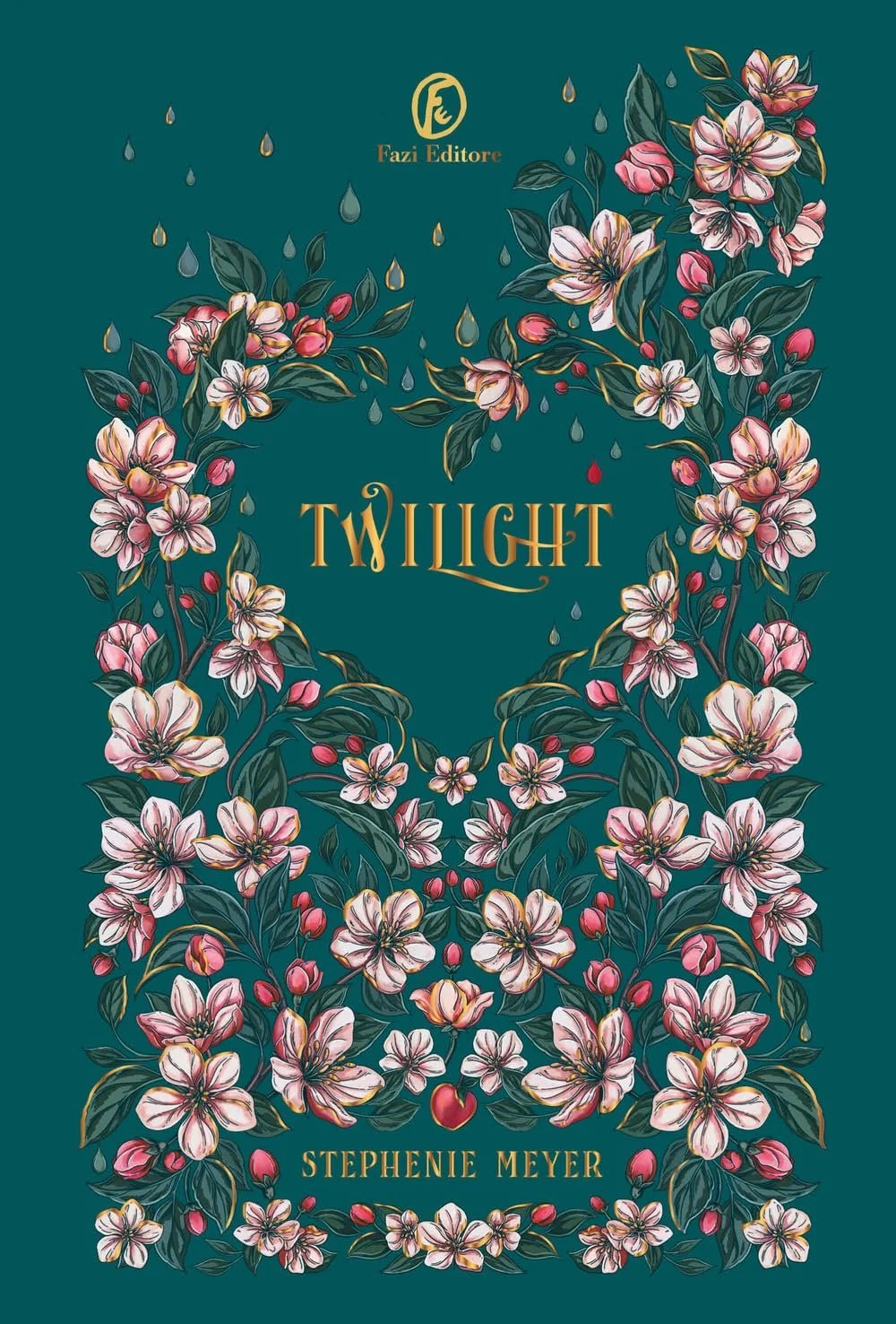 Couverture de livre intitulée 'Twilight' par Stephenie Meyer, avec un design floral stylisé et des gouttes de pluie sur un fond vert foncé.