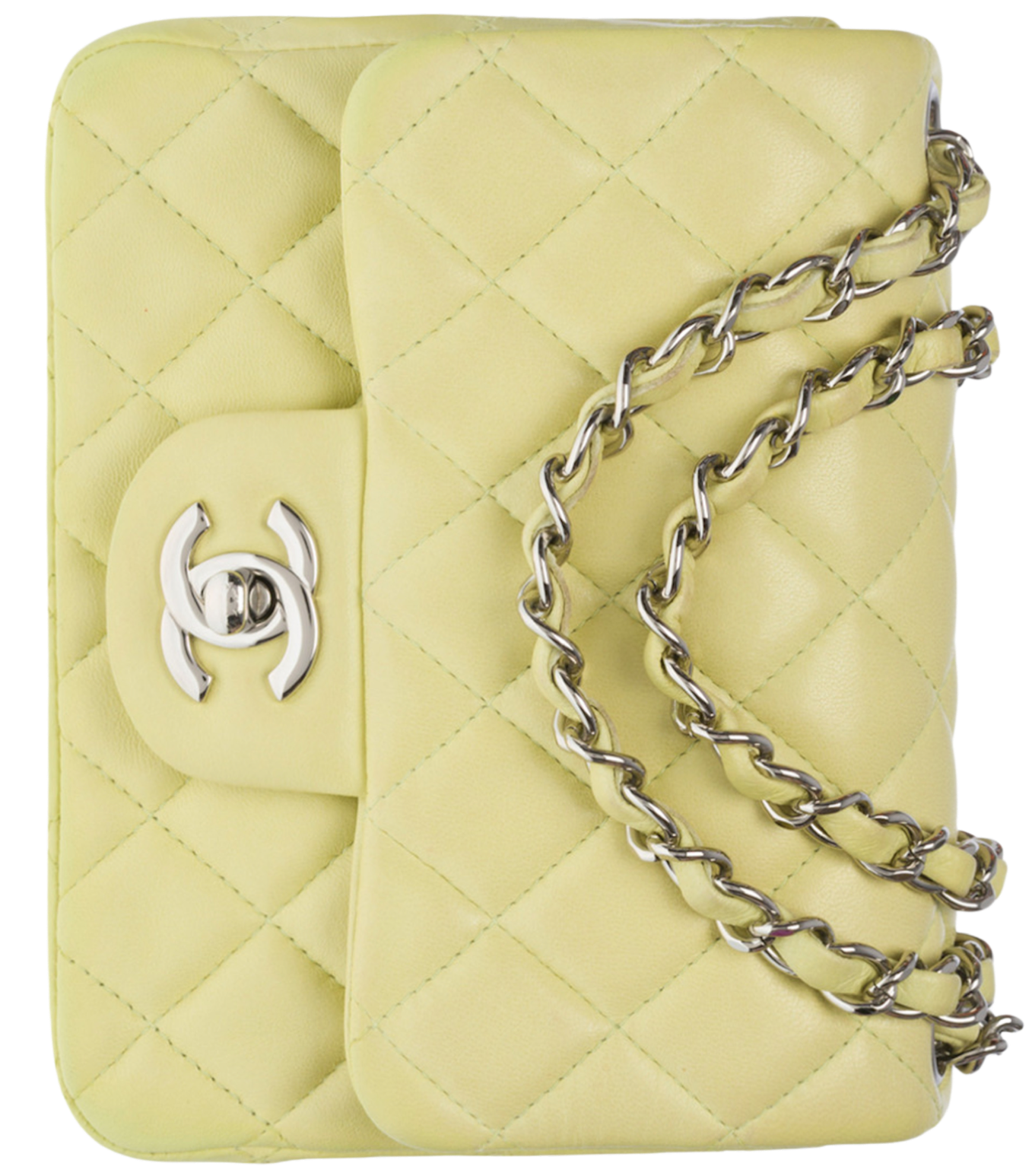 Sac à main jaune en cuir matelassé avec chaîne en métal et logo de marque.