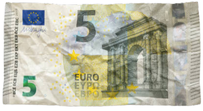 Billet de 5 euros. Billes, bâtiment, étoiles, texte en français et en anglais, symbole de l'Union européenne