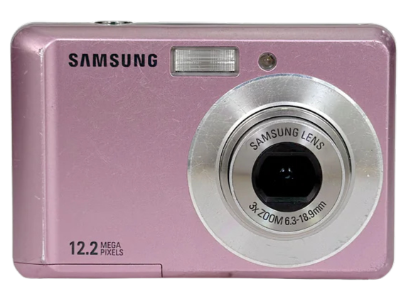 Appareil photo numérique compact rose de marque Samsung, avec un objectif de 12,2 mégapixels et une lentille Samsung Zoom 6x