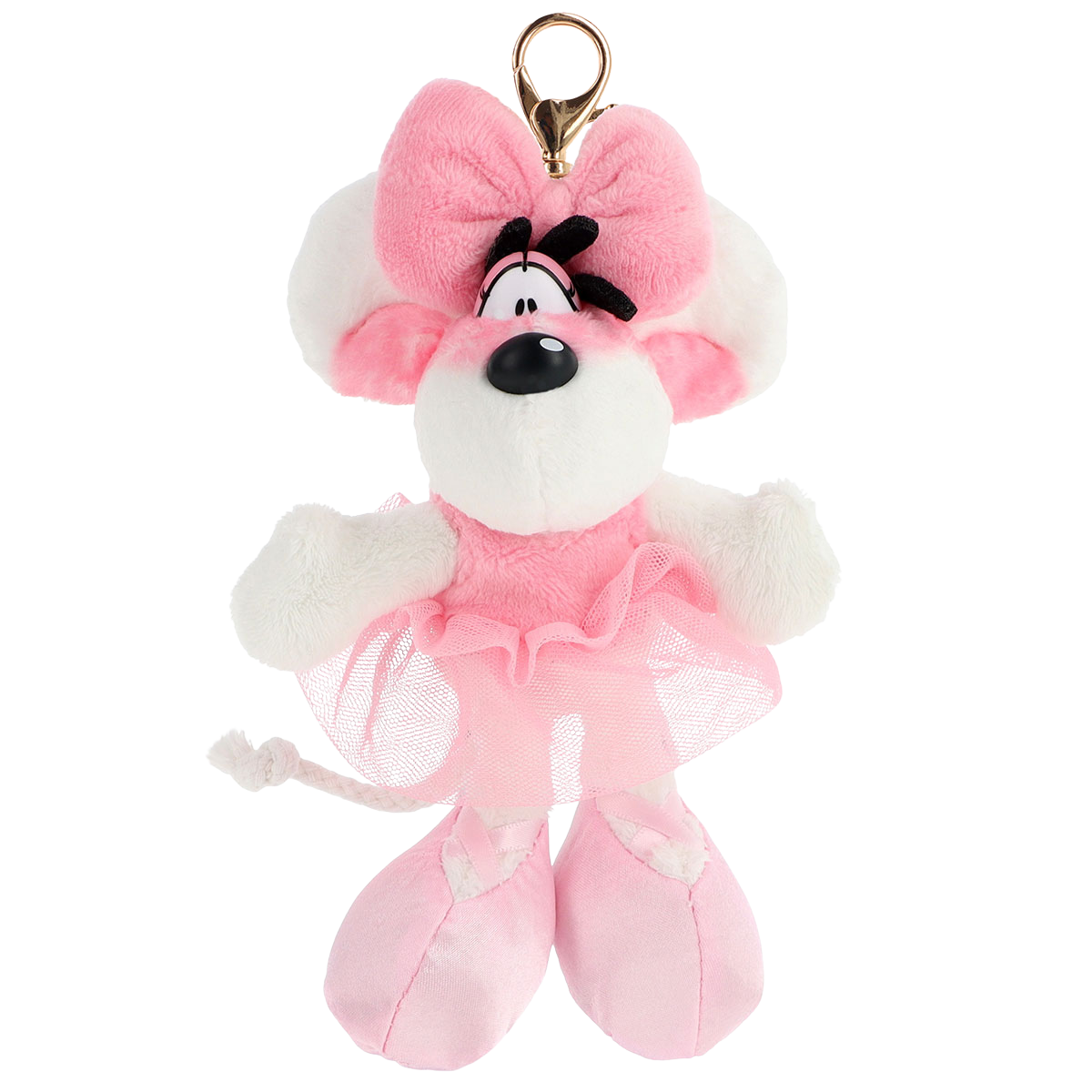 Peluche de Minnie Mouse en tutu rose, avec un gros nœud rose sur la tête et des grandes oreilles roses