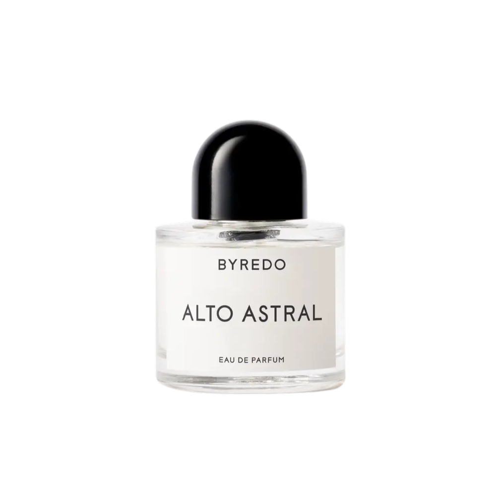 Un flacon de parfum Byredo Alto Astral avec un bouchon noir et une étiquette blanche