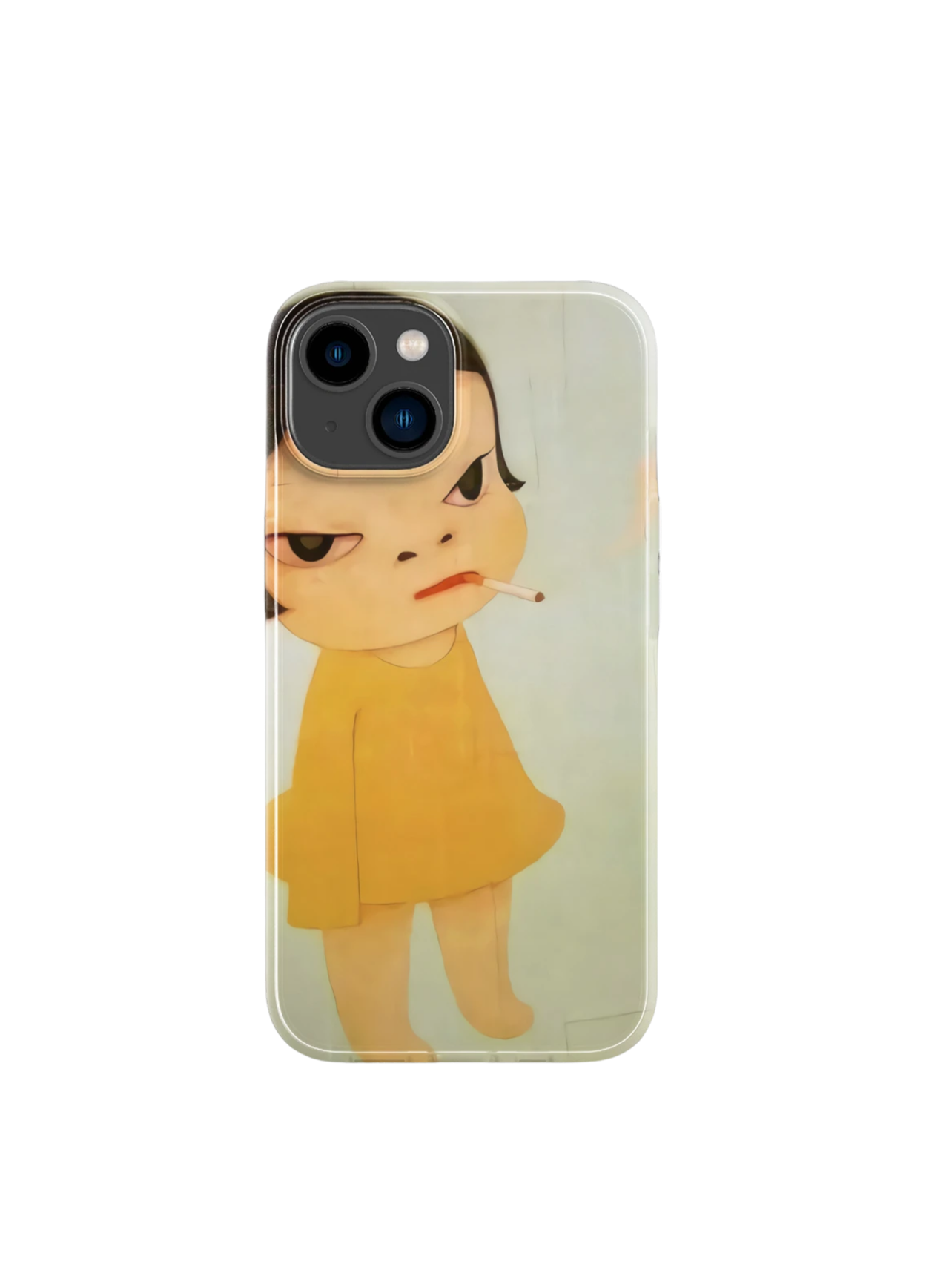 Coque de téléphone avec une illustration d'une garçon avec une expression désabusée, portant un vêtement jaune et cigarette à la bouche.