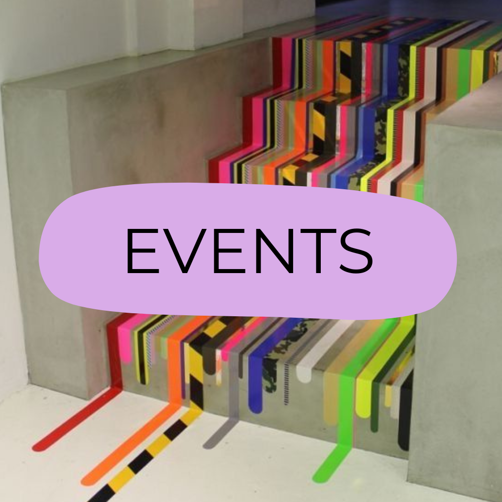 Colorful, abstract artwork with a purple oval overlay containing the word 'EVENTS' in black text. Here we show how in De Nada Creative Studio adds a special intervention to the existing space.