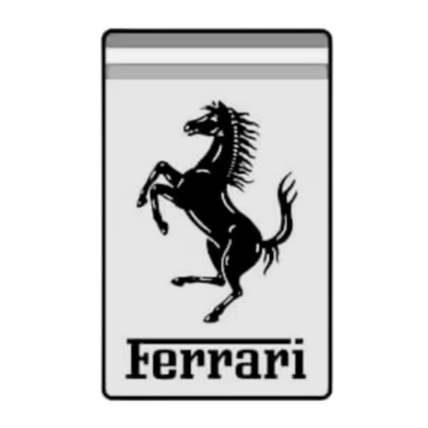 Ferrari logo featuring a prancing black horse on a white background with the word 'Ferrari' below.