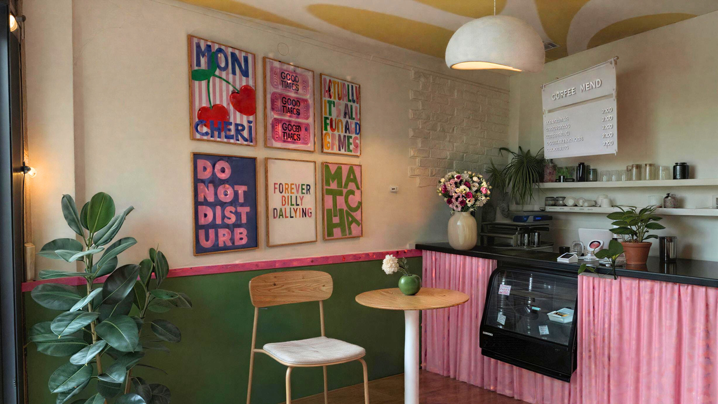 Retail Marketing: 3D design of a the inside a cozy cafe with colorful wall art, a small round wooden table with a green vase holding flowers, a wooden chair, and a cash counter with potted plants and a menu board.