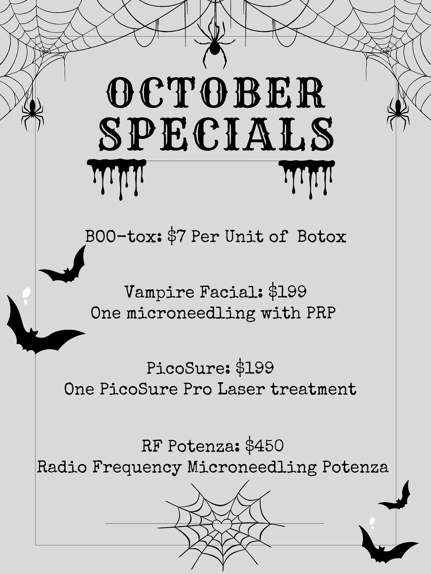 Spooky specials are here! Buy now and use later 🖤 
(951)539-4775 

#botox #riversidemedspa #filler #skincare #microneedling #morenovalley #co2laser #prptreatment