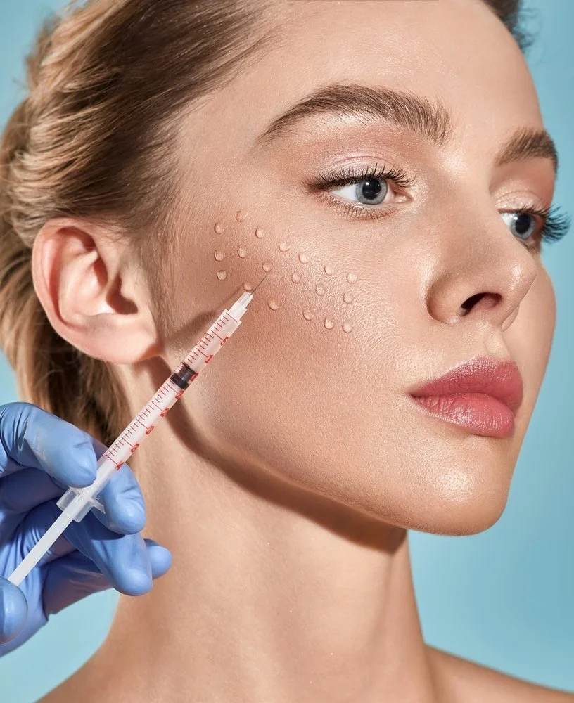 Female model receiving precise cheek filler injection administered by a professional with gloved hands.