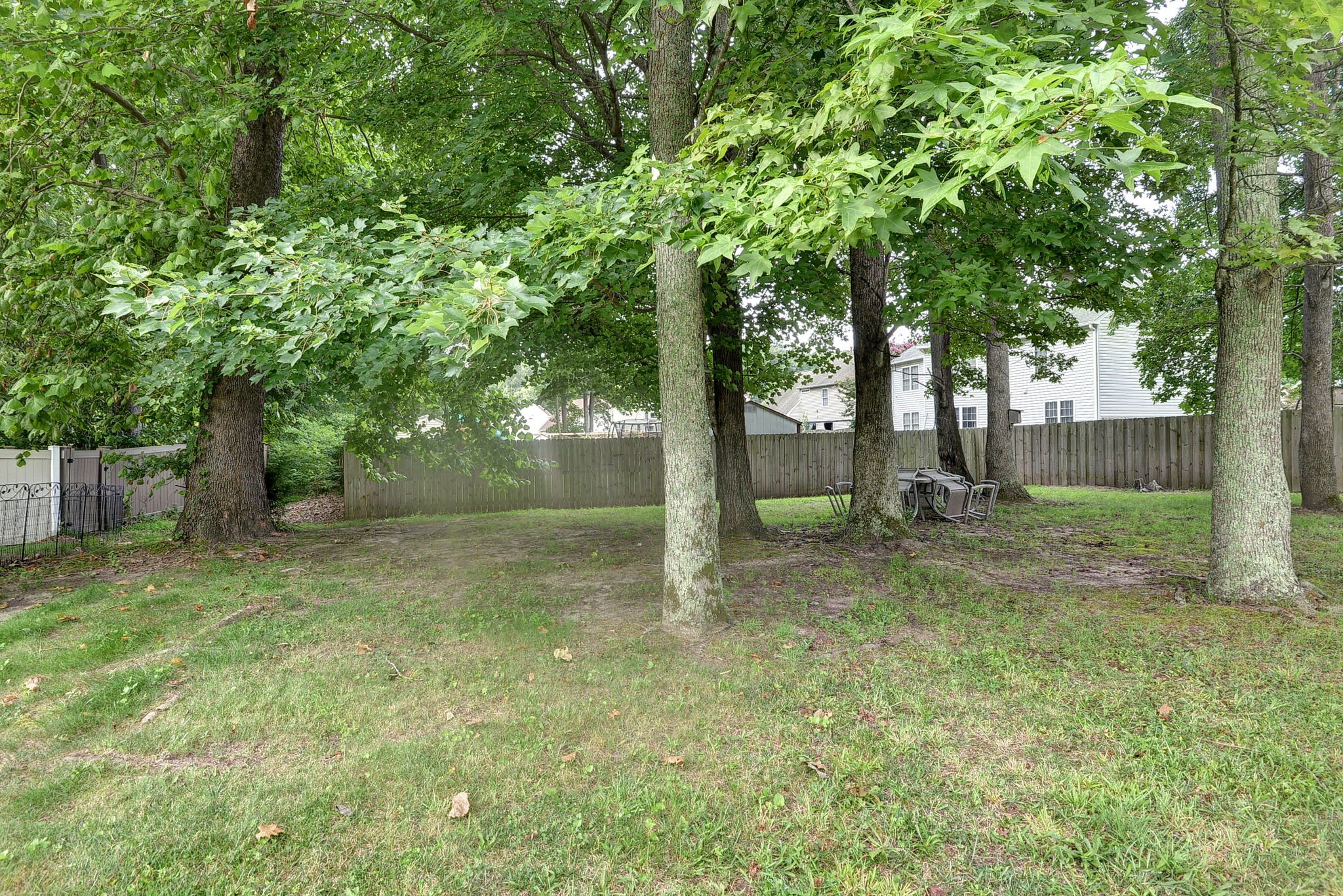 A backyard with multiple trees, a wooden fence, and some outdoor chairs stacked near the trees. Nearby houses are visible in the background.