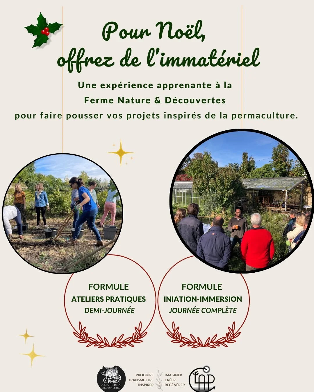 Nous avons une id&eacute;e cadeau pour vous pour No&euml;l !! 
 
Offrez en date libre parmi les cr&eacute;neaux 2026 une journ&eacute;e ou demi-journ&eacute;e immersive &agrave; la ferme pour offrir une exp&eacute;rience immersive apprenante qui reli