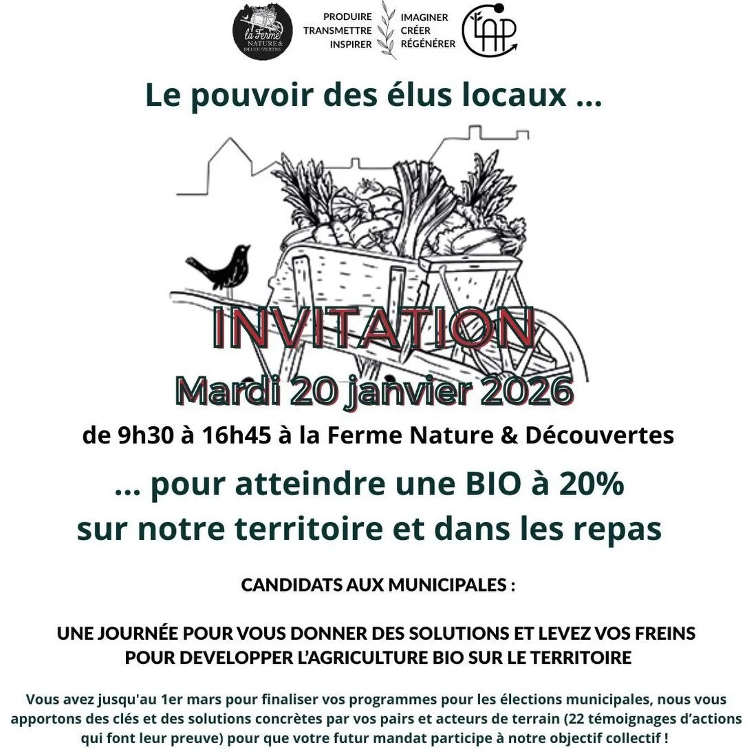 J-6 pour envoyer cette invitation (gratuite sur inscription) aux candidats (et acteurs de l&rsquo;alimentation) de votre territoire que vous connaissez ! 

Une invitation pour mardi 20/01 &agrave; la ferme. 

Une journ&eacute;e solutions concr&egrave